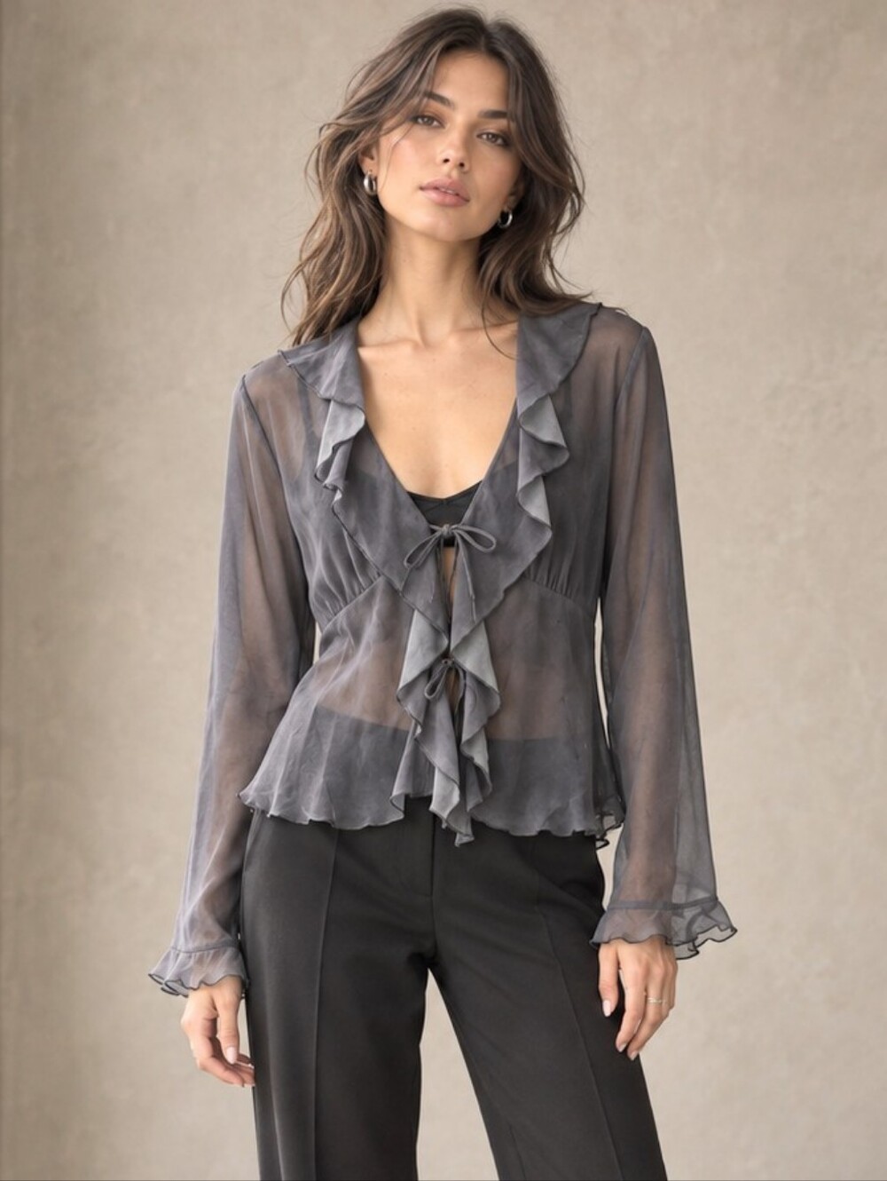Aritzia Wilfred Frenchy Coal Grey Sheer Ruffle Tie Front Blouse L